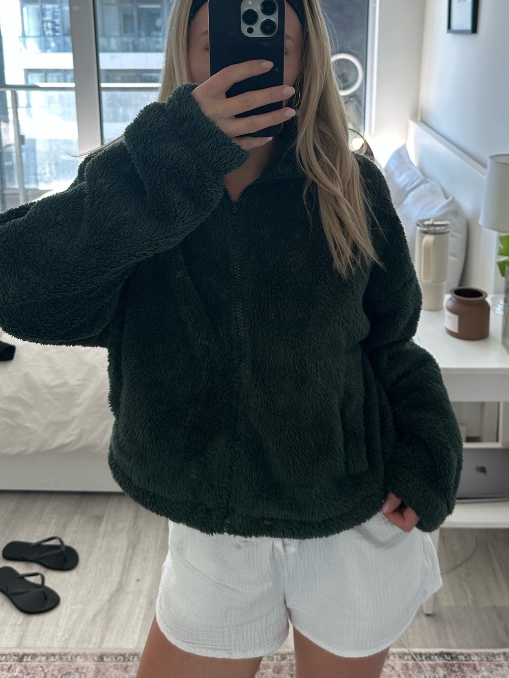 Sunday Best Sherpa Turtleneck zip-up. Adjustable drawstrings to tighten waist.